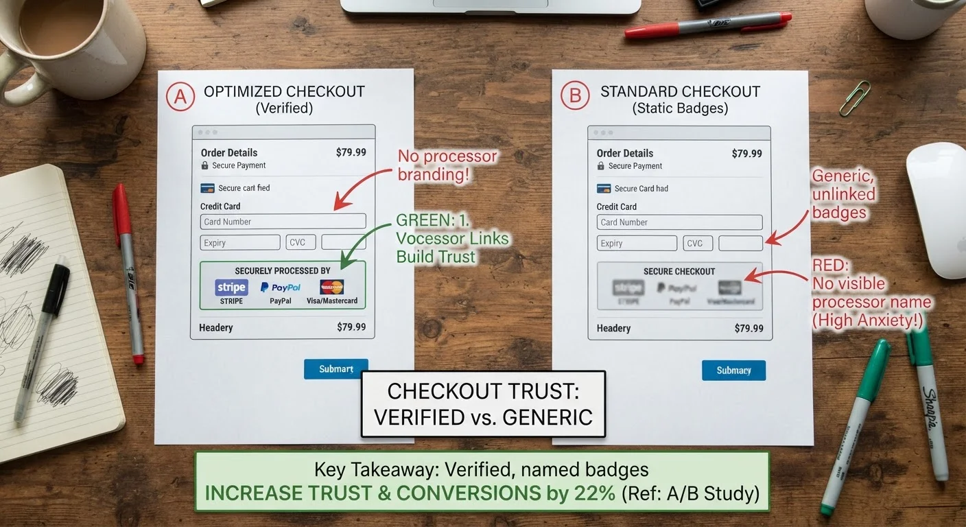 Side-by-side comparison of a legitimate checkout page and a fraudulent one with annotated trust badge differences