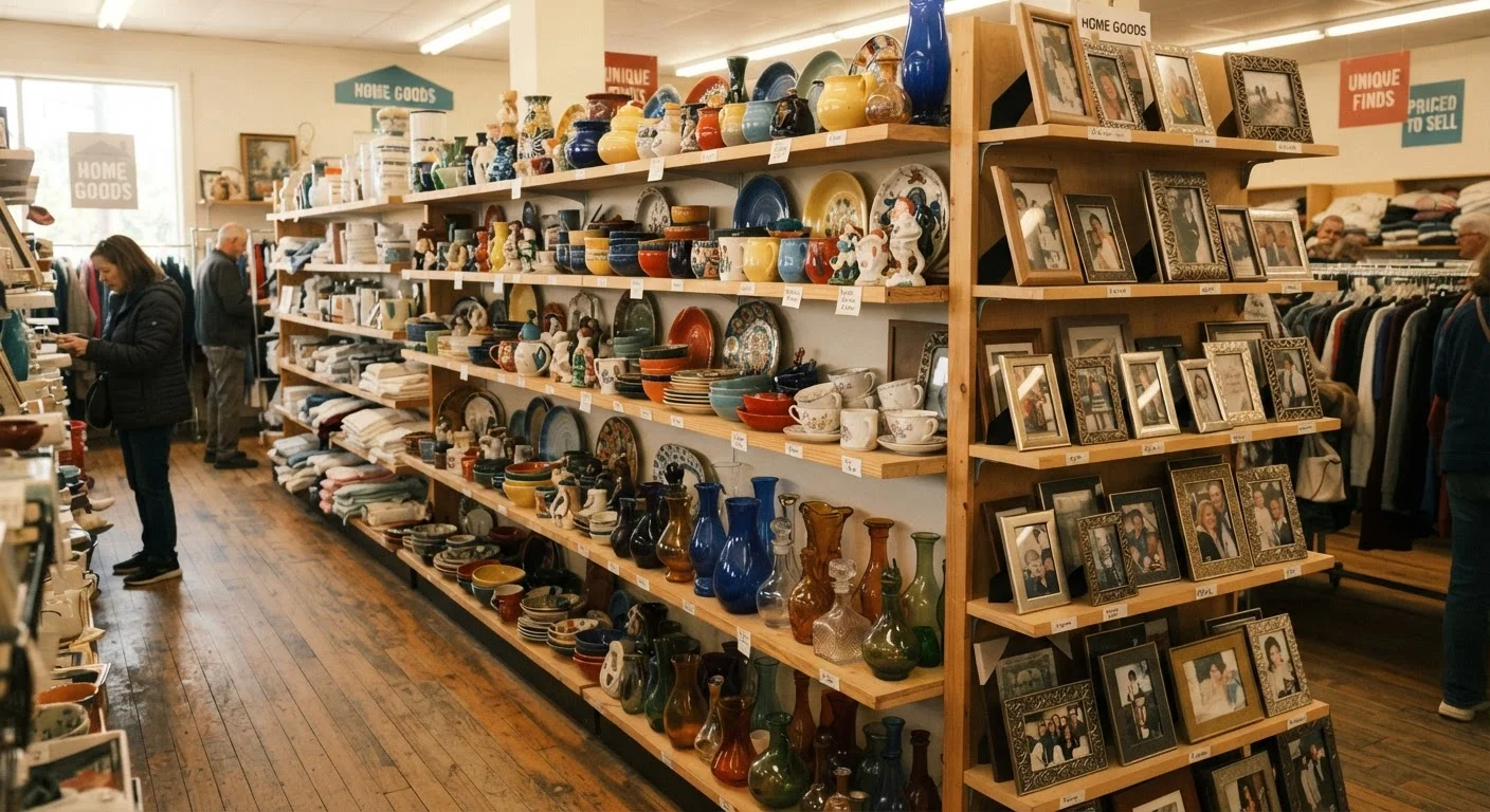 Well-organized thrift store shelves lined with ceramics, glass vases, and picture frames