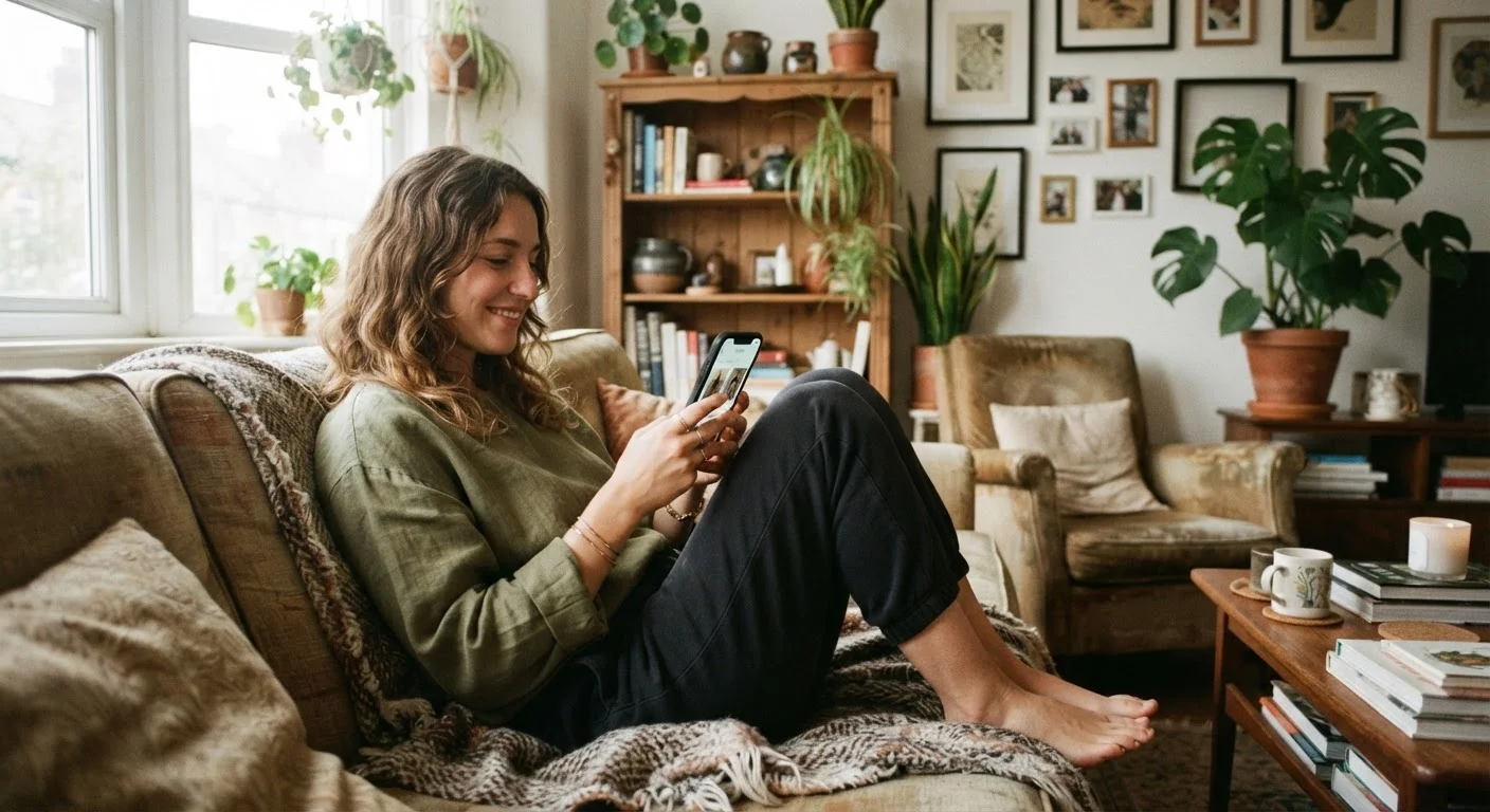Person scrolling a resale app on a smartphone while seated on a couch in a cozy home