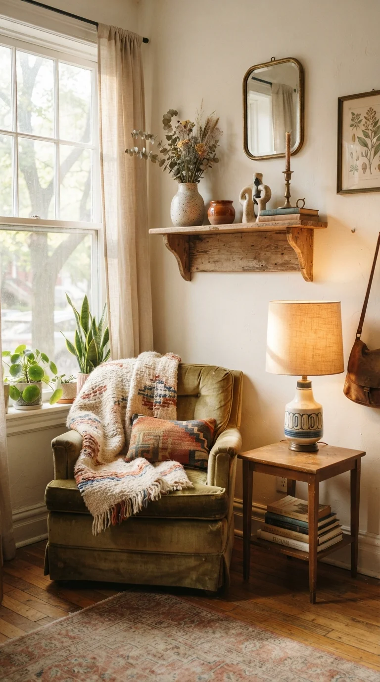 Stylish living room corner decorated with a mix of vintage lamp, woven throw, and ceramic objects