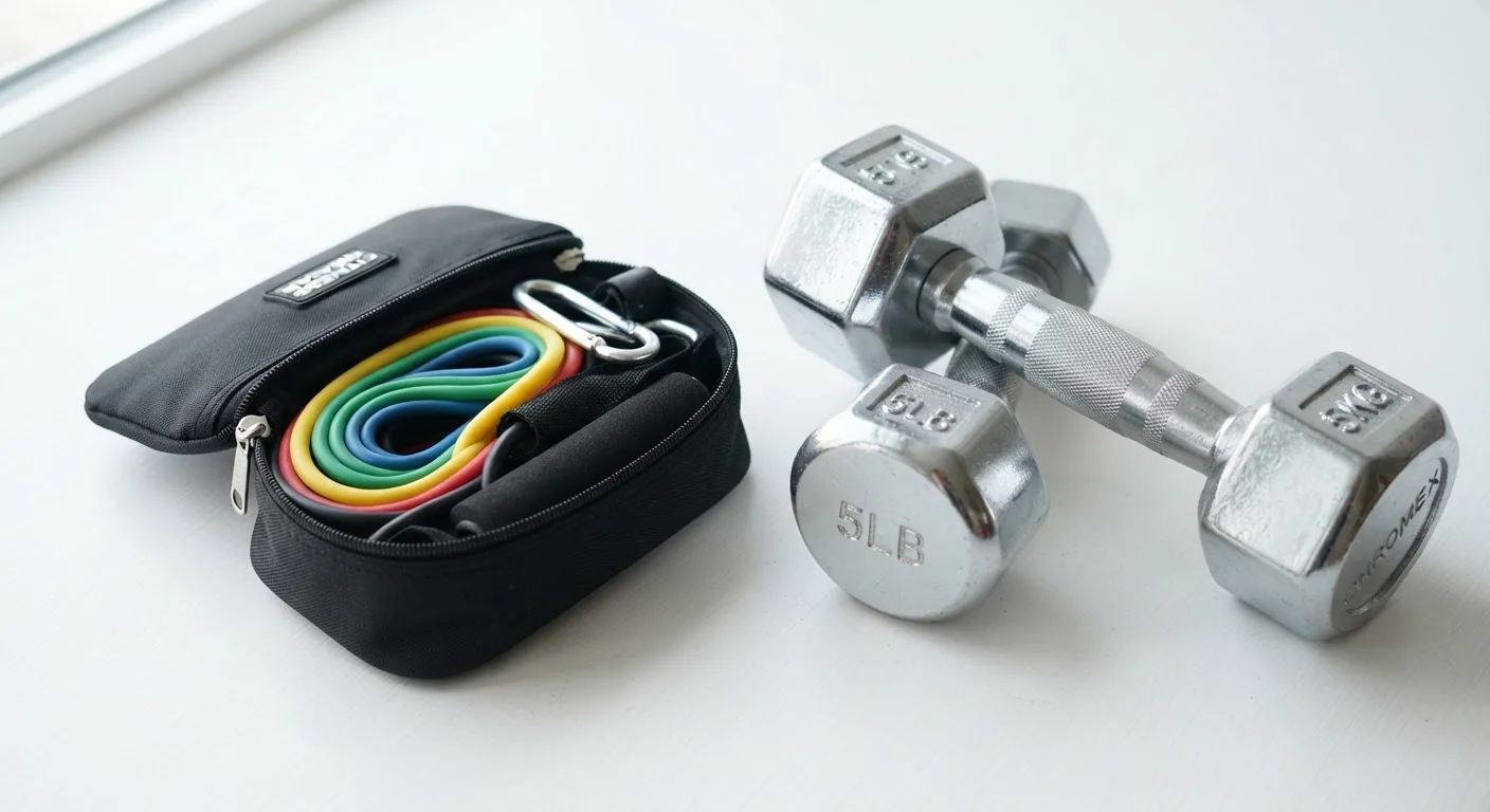 A compact resistance band set in a small bag placed next to two chrome dumbbells showing size difference.