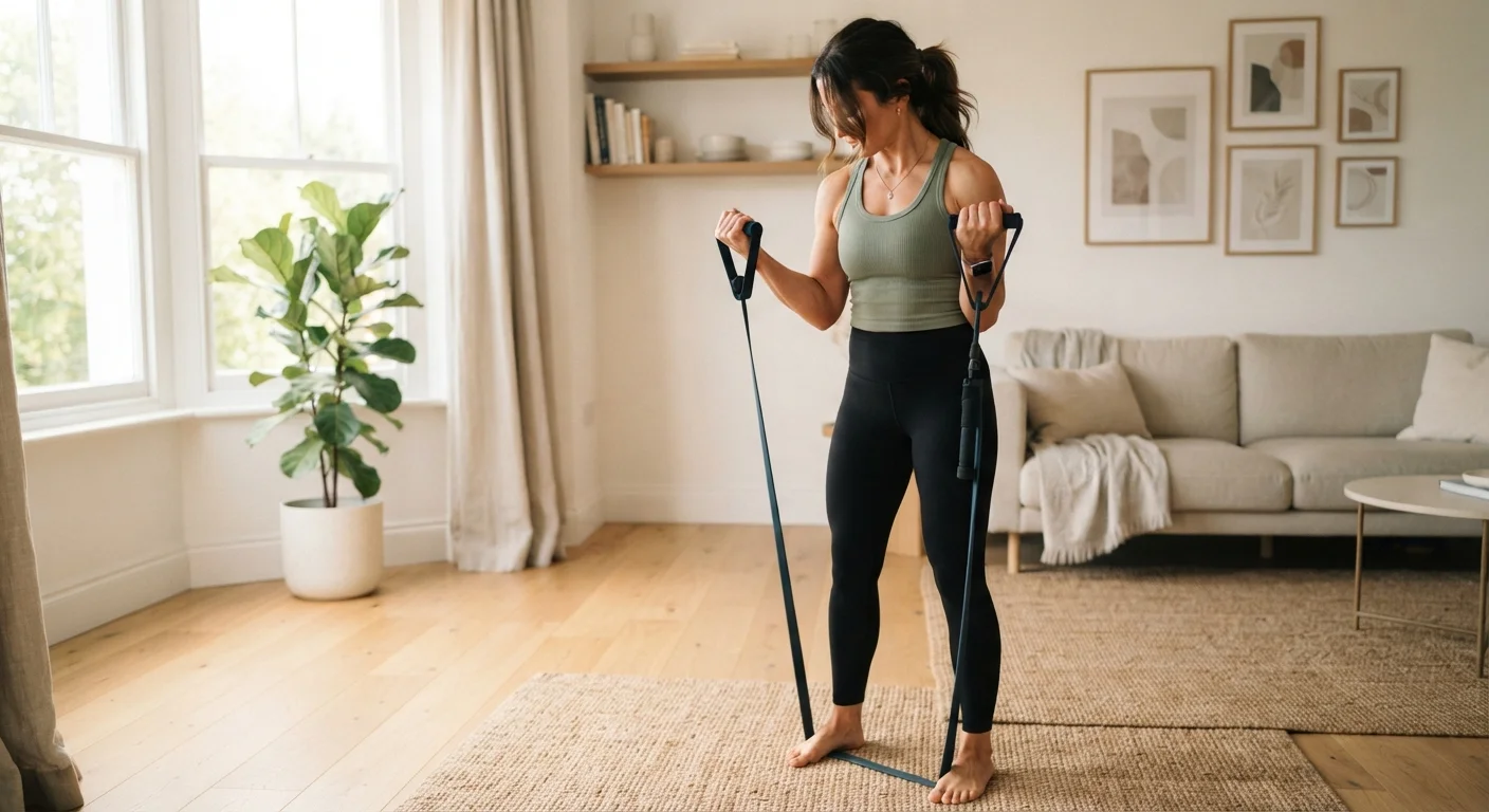 Person performing a resistance band bicep curl in a bright minimalist home setting during a workout.