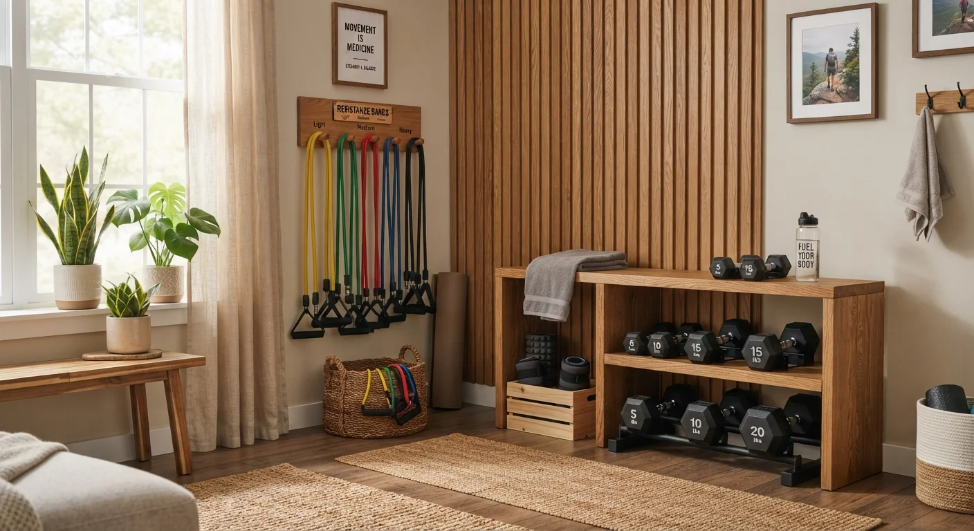 A small home gym corner featuring both a resistance band organizer and a compact dumbbell shelf side by side.