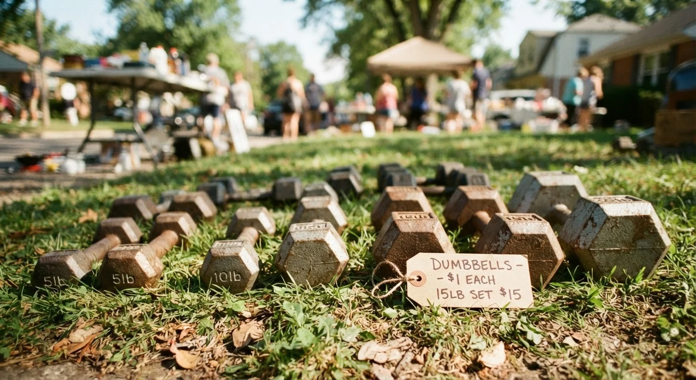 Used dumbbells with a handwritten price tag laid out at a casual outdoor sale on a sunny day.