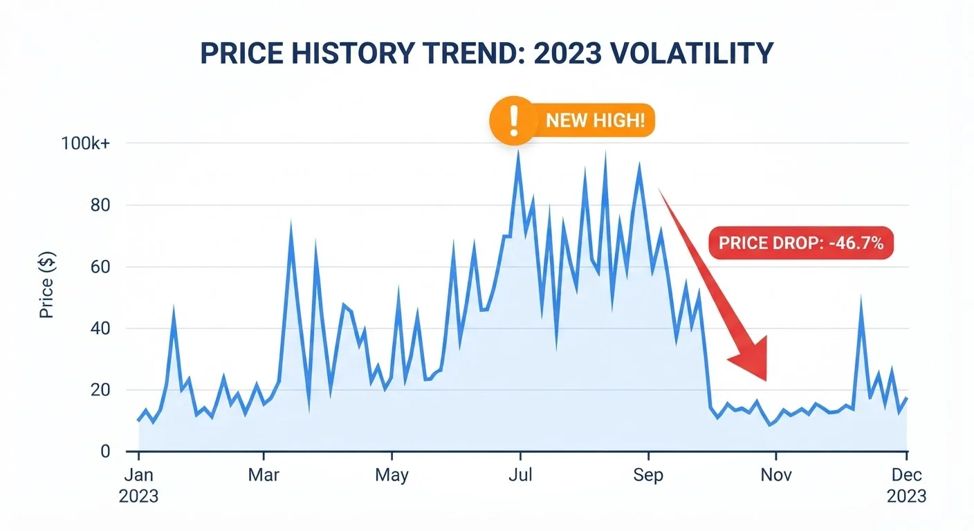 Digital price history chart showing price peaks, valleys, and a significant downward drop highlighted