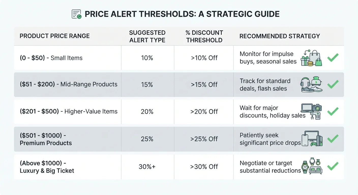 Infographic table showing recommended price alert thresholds by product price range category