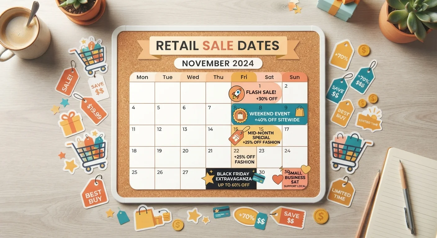 A shopping calendar with marked sale dates, price tags, and shopping cart icons illustrating retail markdown cycles