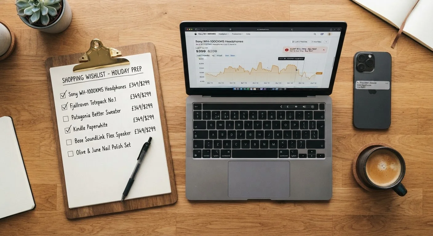 A shopping wishlist and price-tracking charts on a laptop and clipboard laid out on a wooden desk