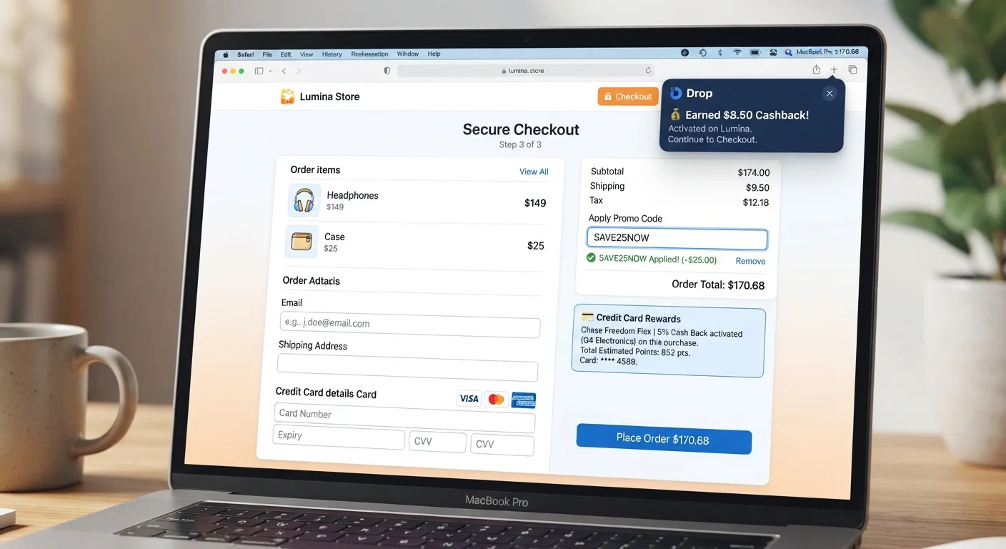 Laptop checkout screen showing a promo code applied alongside a cashback browser extension notification and credit card rewards