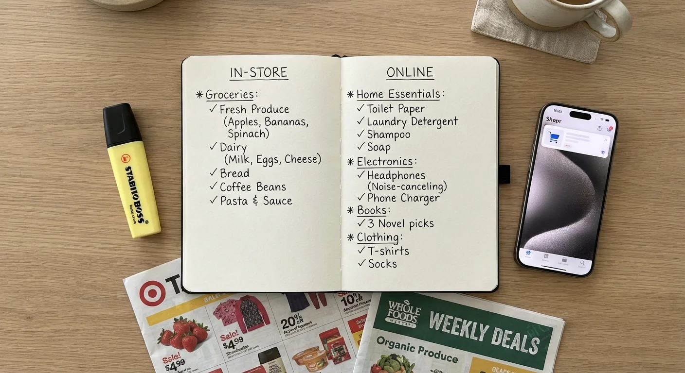 Handwritten Black Friday shopping list divided into in-store and online columns with product categories noted