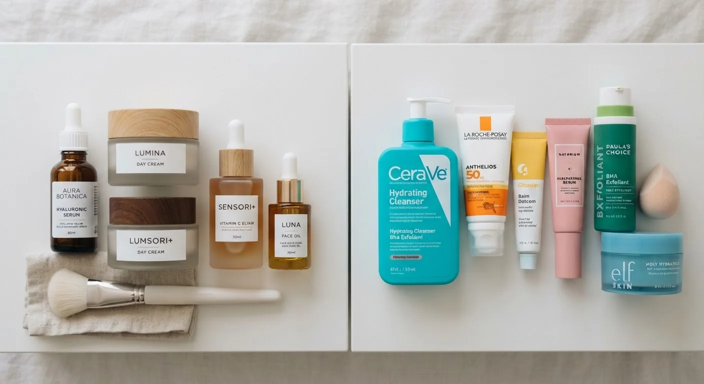 Side-by-side comparison of luxury skincare bottles versus affordable drugstore skincare products on a white surface