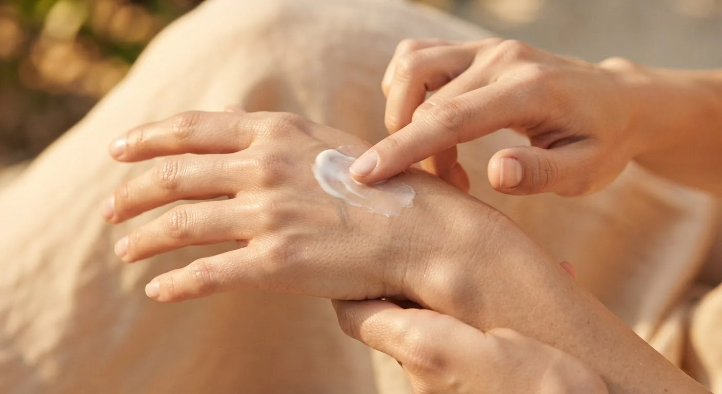 A hand applying lightweight white sunscreen lotion to the back of another hand in warm natural light