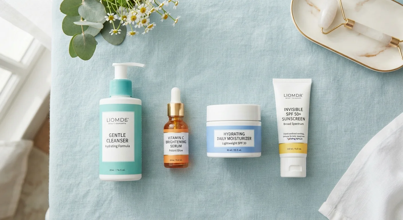 Organized morning skincare routine products arranged in order on a light pastel blue surface from above