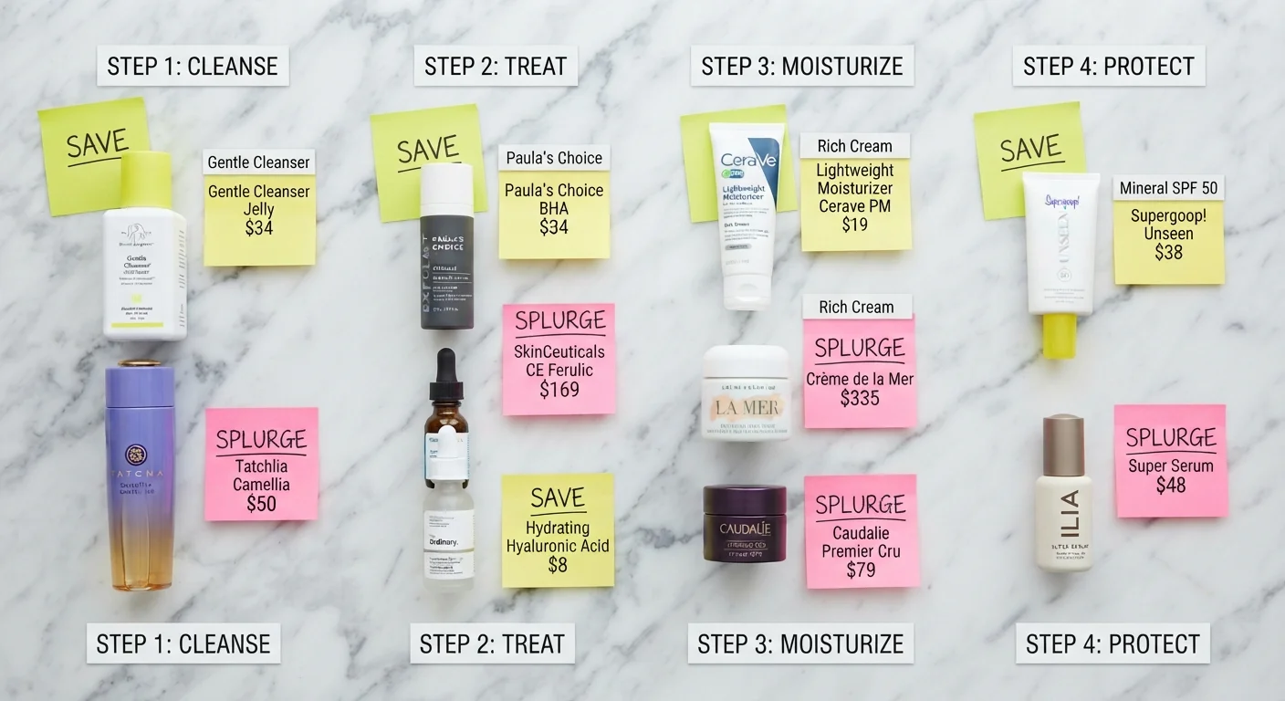 Skincare products labeled with save and splurge tags arranged by routine step on a marble surface