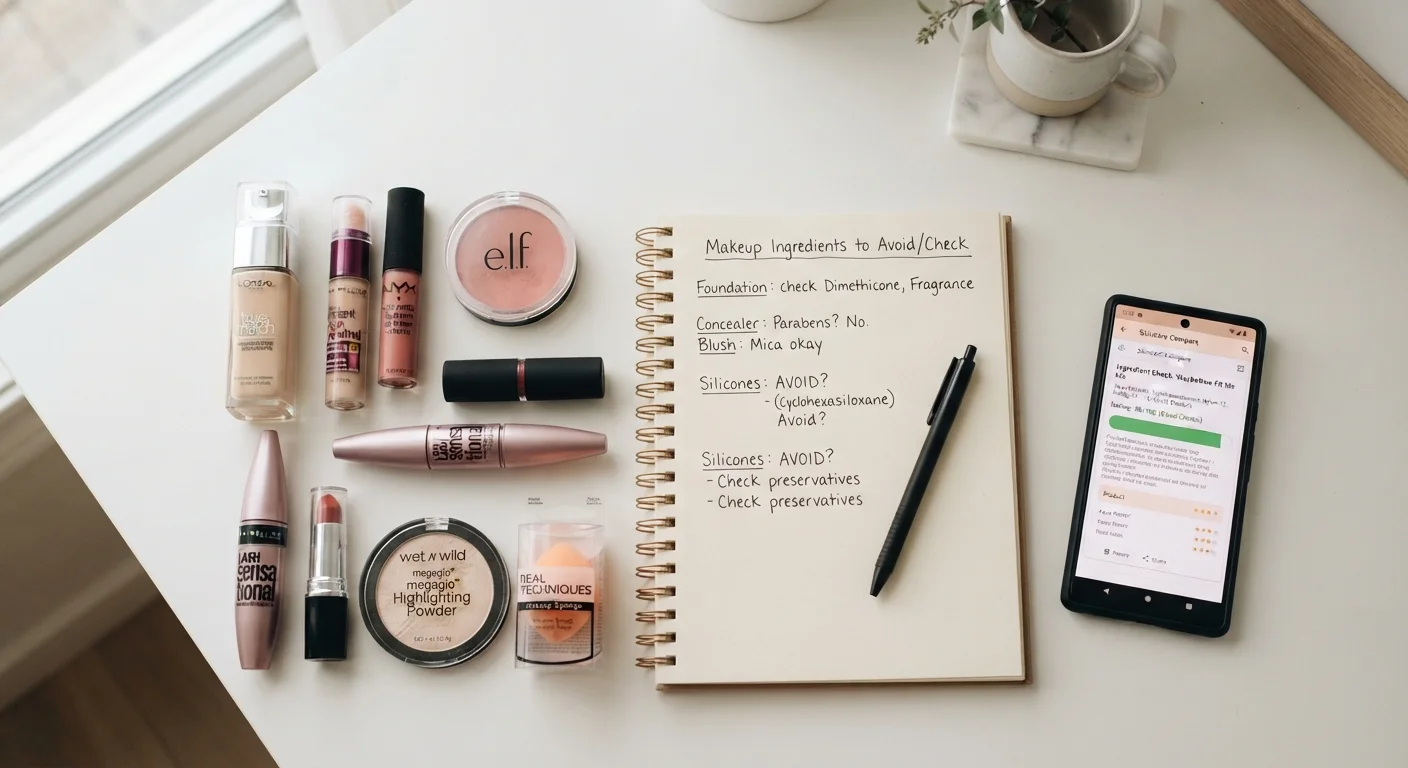 Drugstore makeup products beside a smartphone showing ingredient comparison app and handwritten research notes