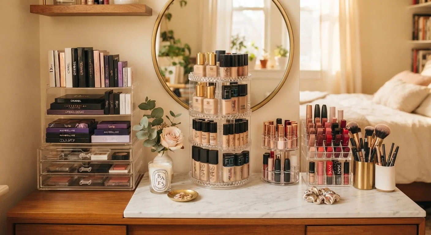 Makeup vanity organized with both luxury and drugstore products sorted by category including foundations and lipsticks