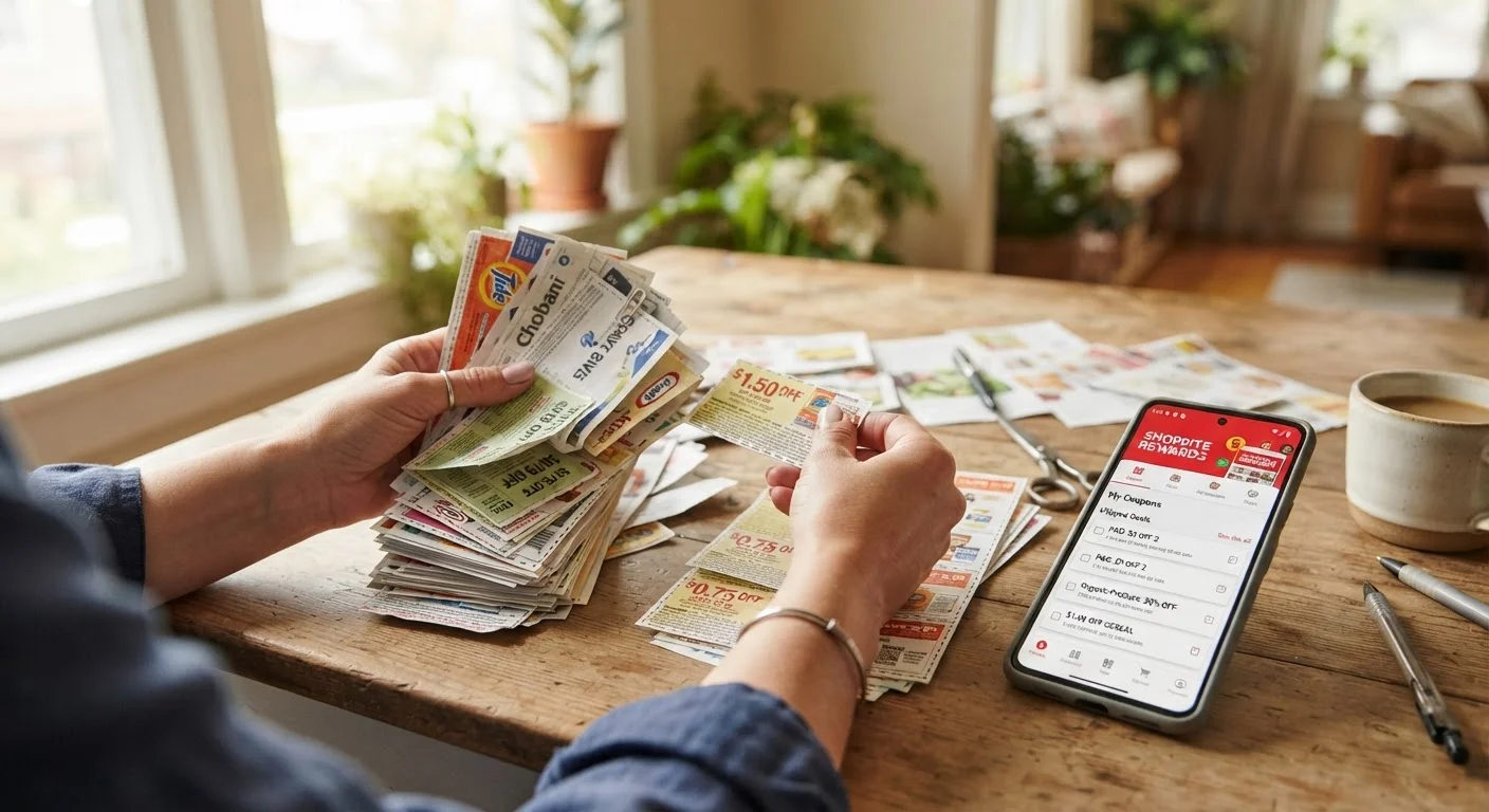 Hands sorting paper coupons on a table next to a smartphone showing a grocery store coupon app
