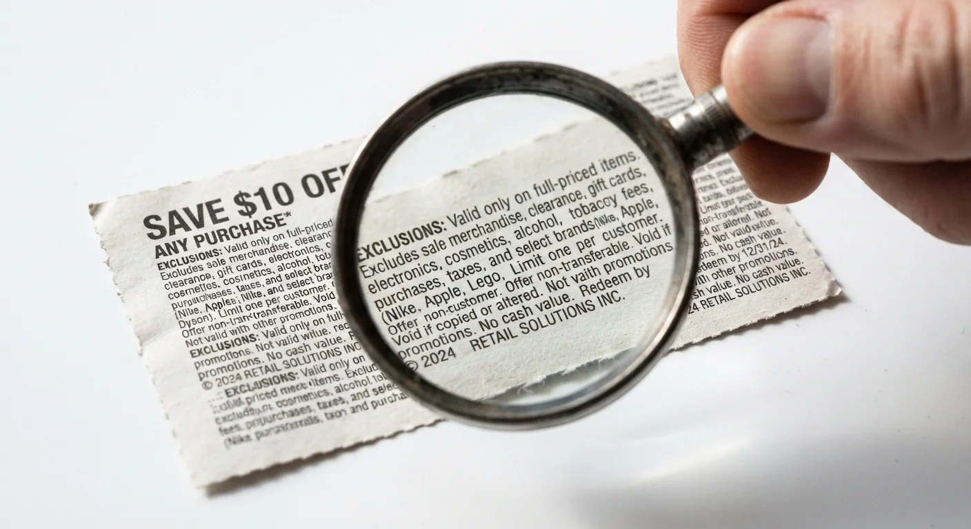 Magnifying glass over coupon fine print highlighting exclusion clause text in detail