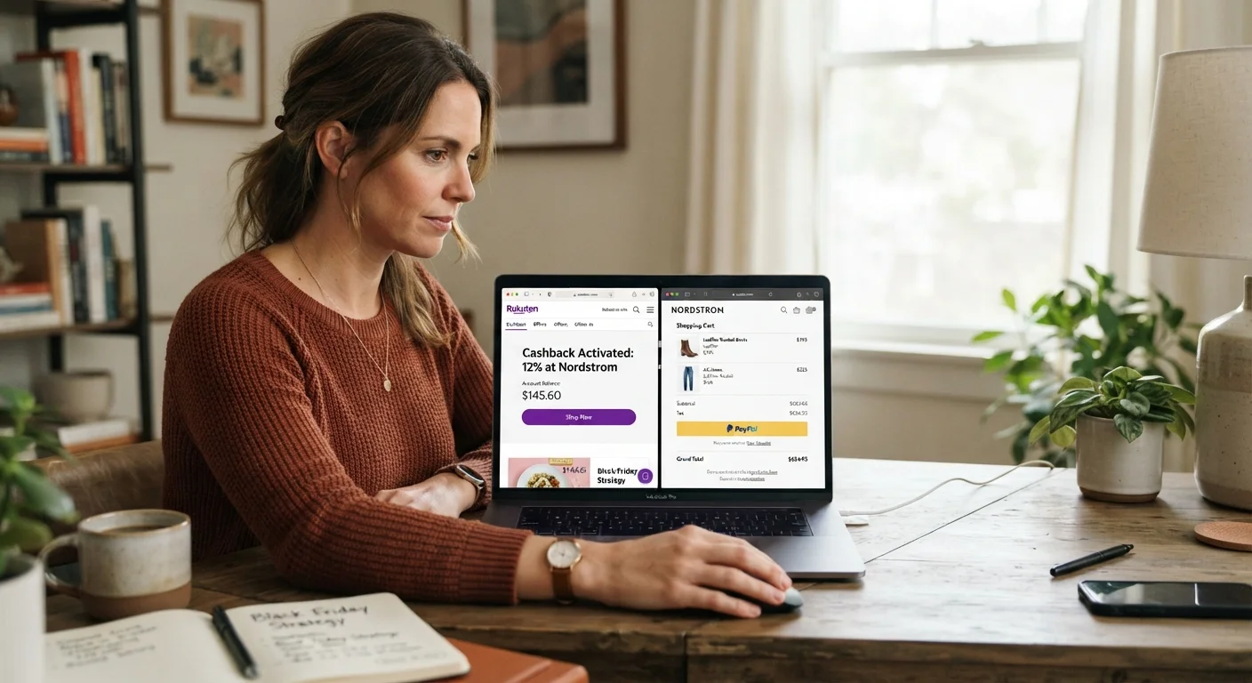 Person viewing a cashback portal and retailer checkout page side by side on a laptop screen