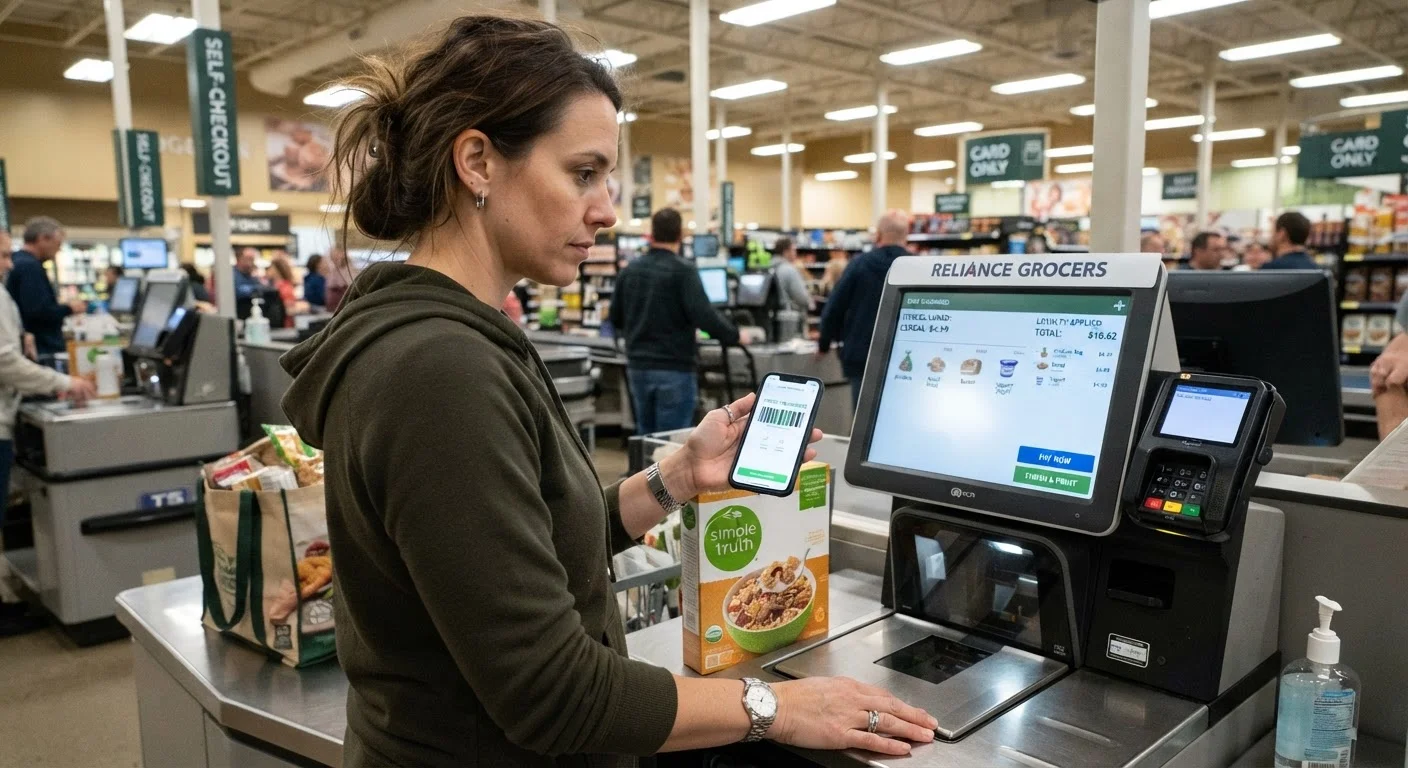 Shopper watching a self-checkout screen while holding phone with loyalty barcode ready to scan