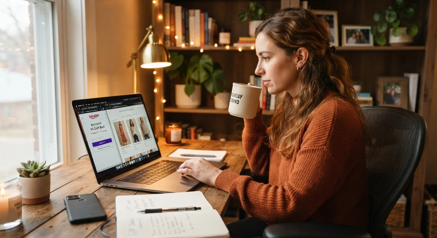 Person using laptop with cashback portal tab open while browsing retail website at home