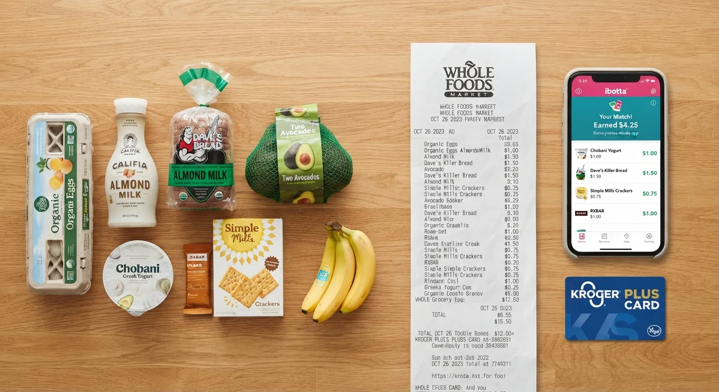 Grocery receipt, rebate app on smartphone, loyalty card, and grocery items on a wood surface