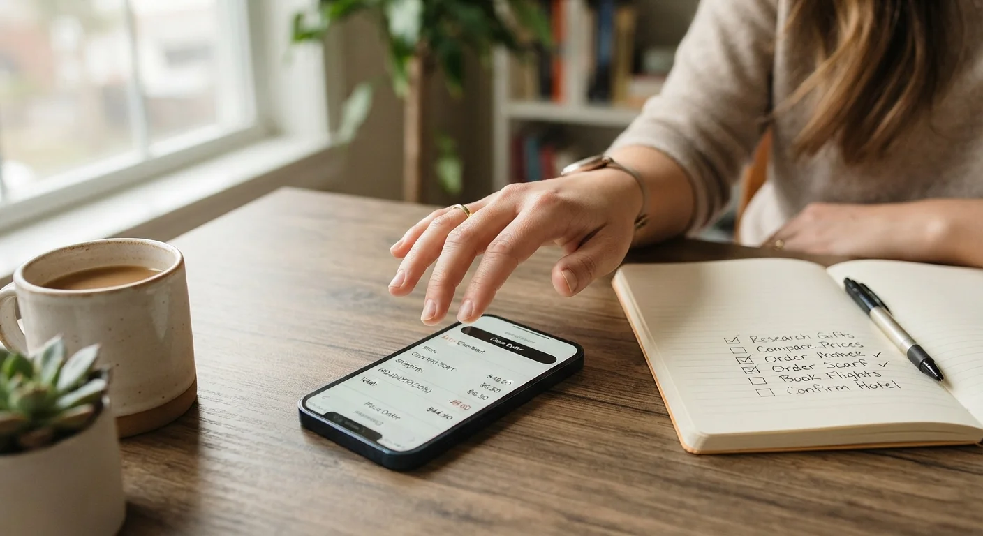 Hand at smartphone checkout screen with discount applied, checklist notebook visible on desk