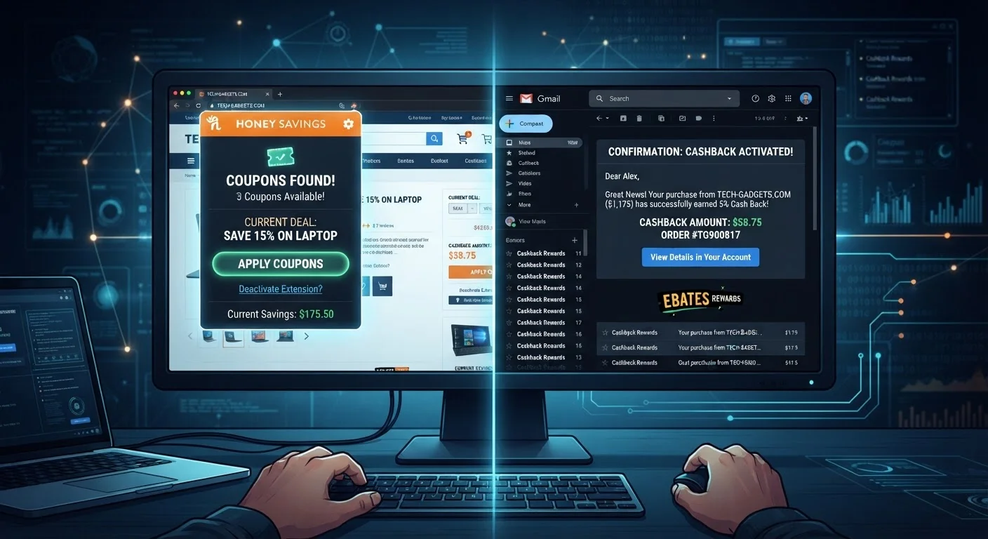 Browser extension popup and cashback portal confirmation email displayed side by side on screens