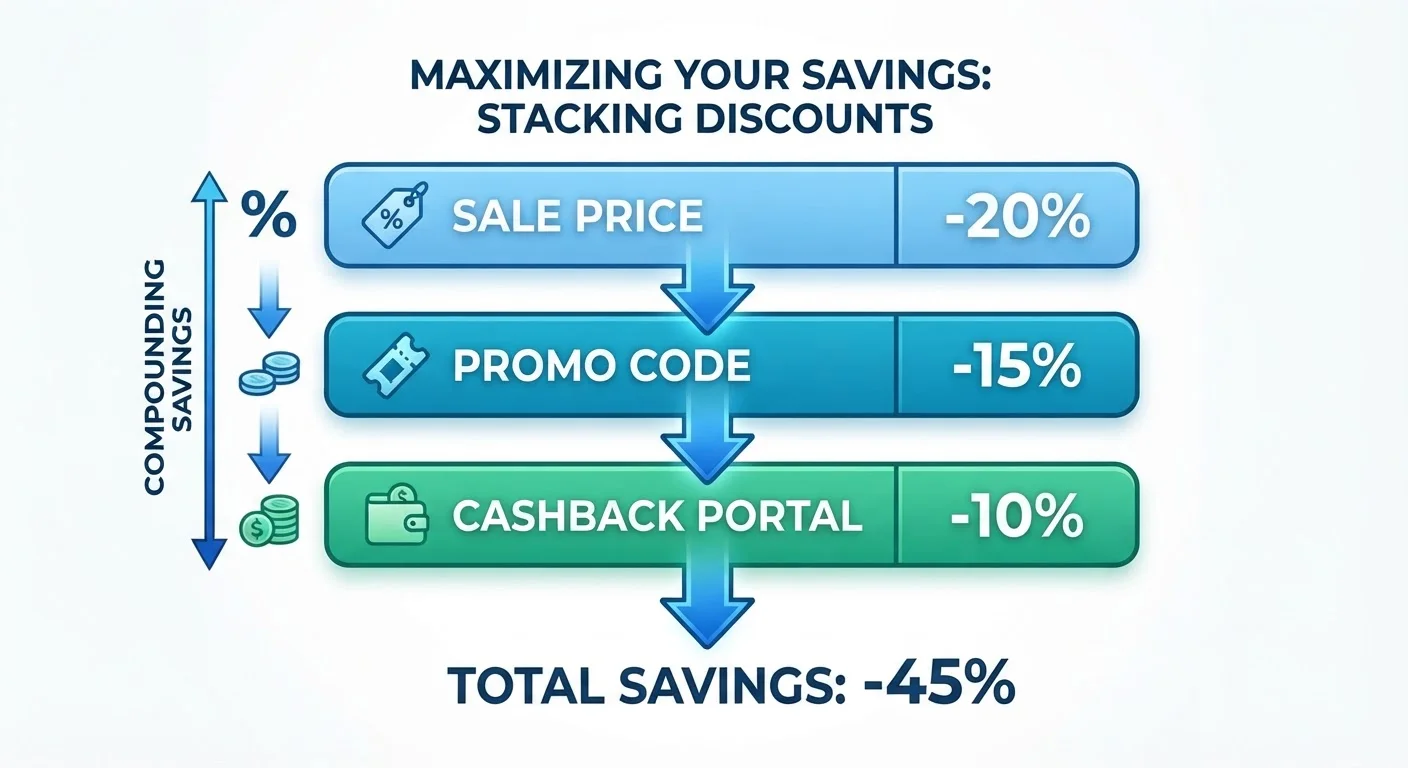 Infographic showing three stacked discount layers: sale price, promo code, and cashback portal