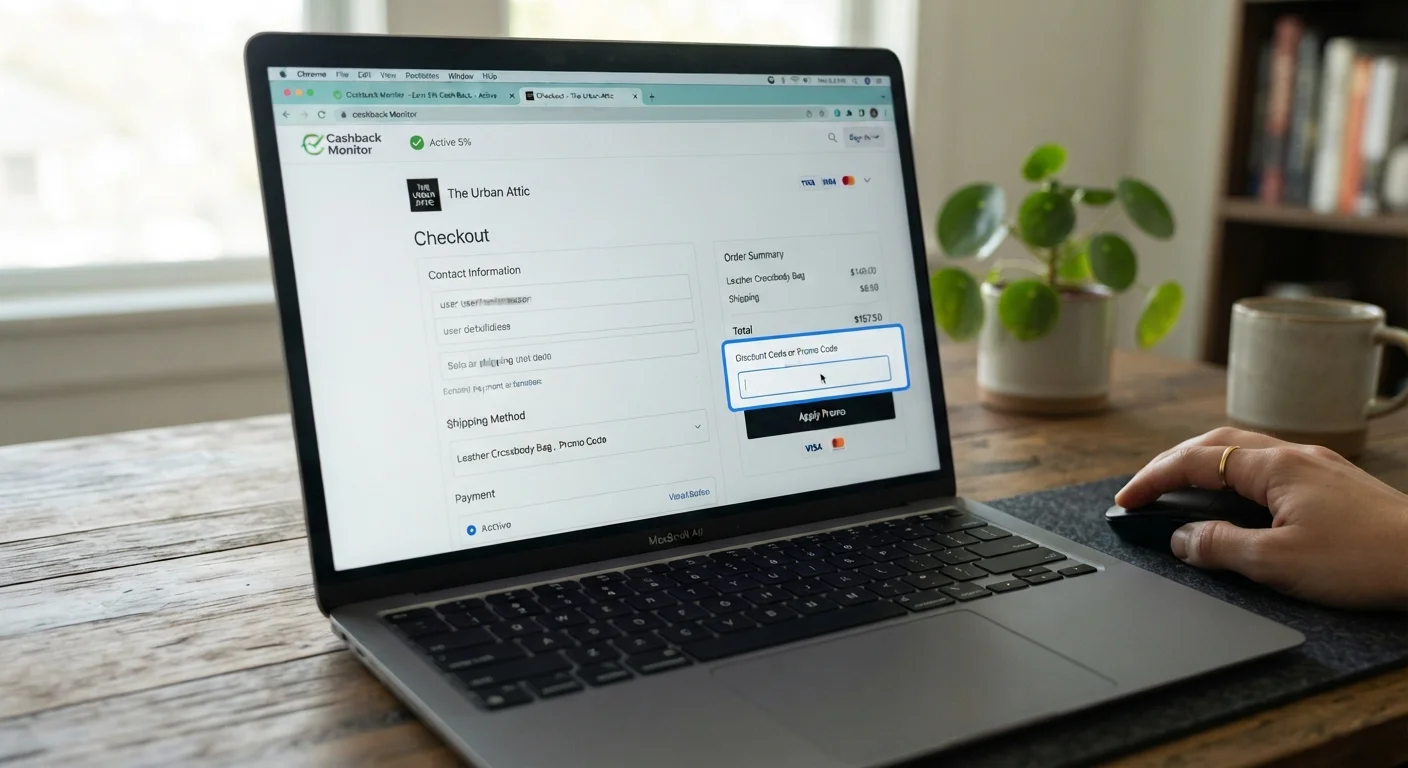 Laptop checkout screen showing promo code field and cashback portal browser tab in background