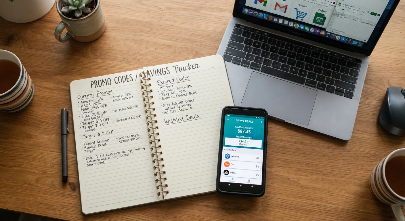 Notebook with promo code list next to smartphone showing cashback app dashboard on a desk