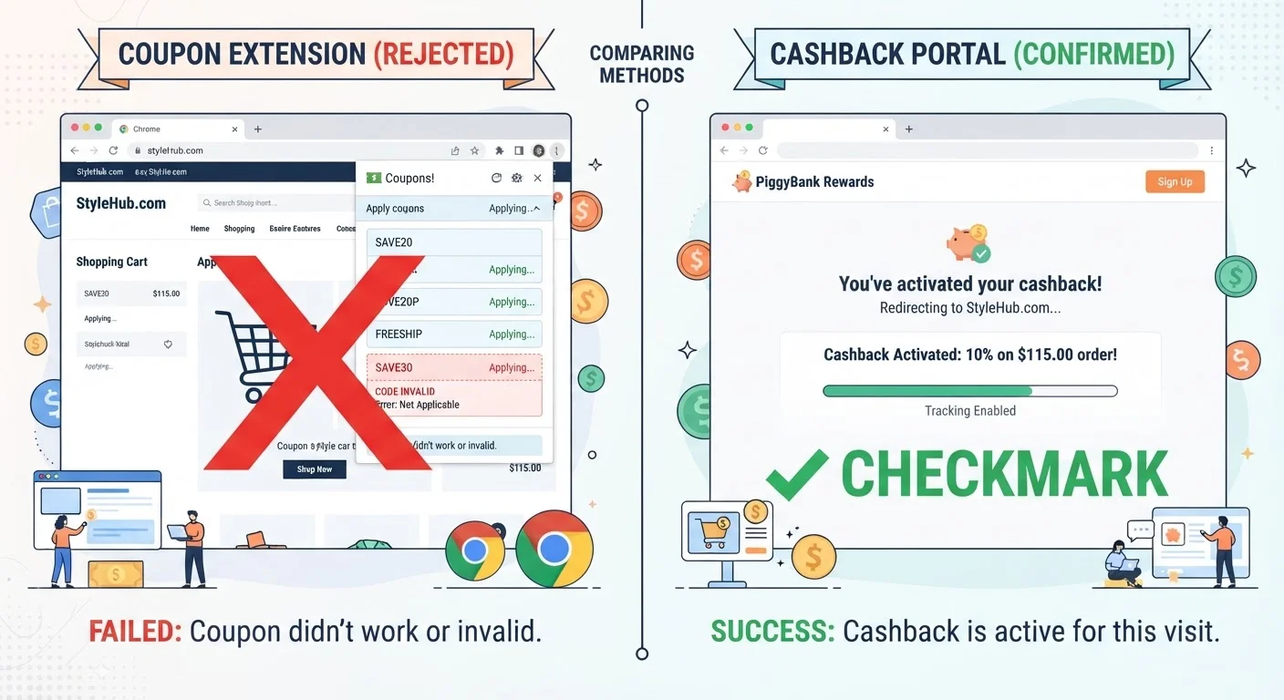 Split image contrasting auto-coupon browser extension with cashback portal confirmation, showing extension disabled