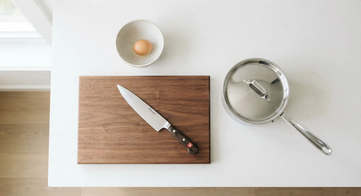Minimalist kitchen setup showing only essential tools on a clean white counter