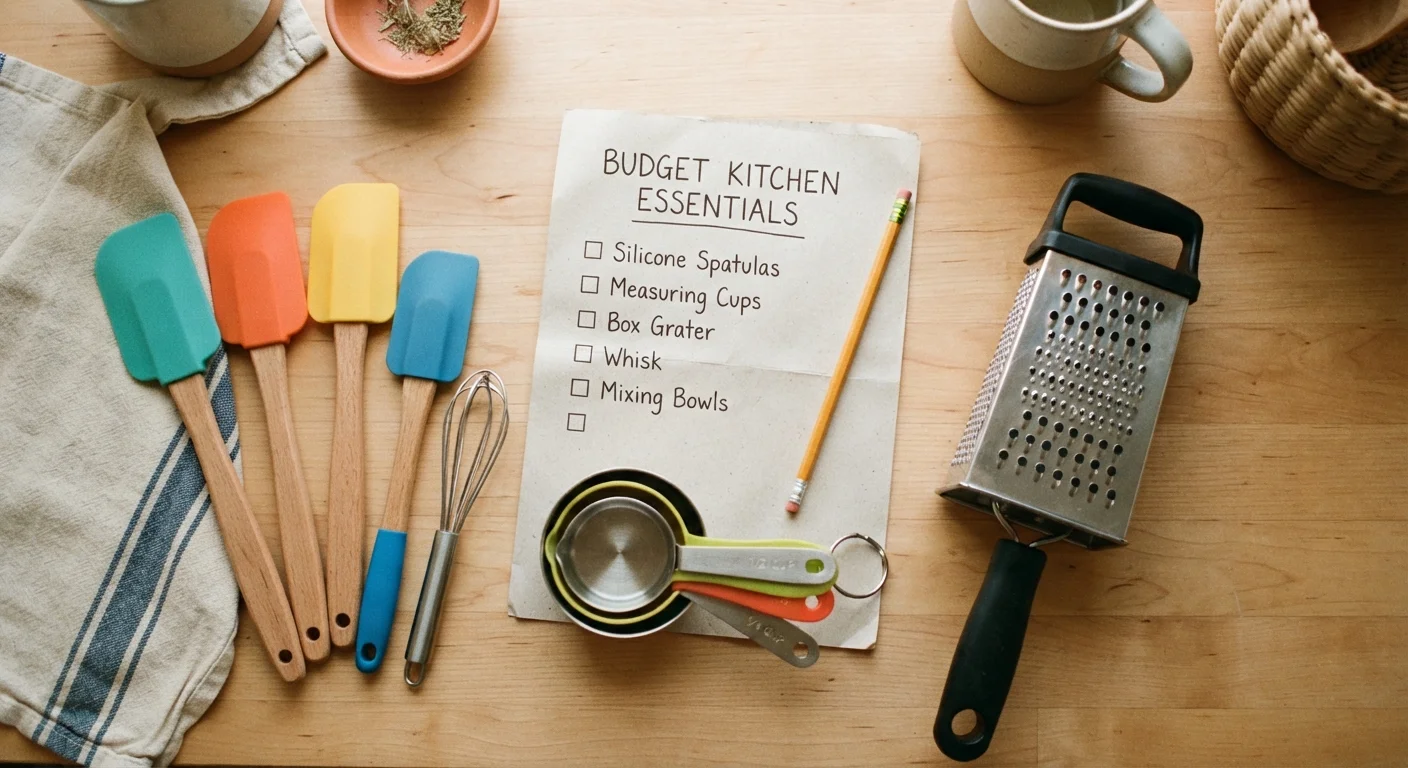 Checklist and colorful kitchen tools arranged on a wooden surface for meal prep planning