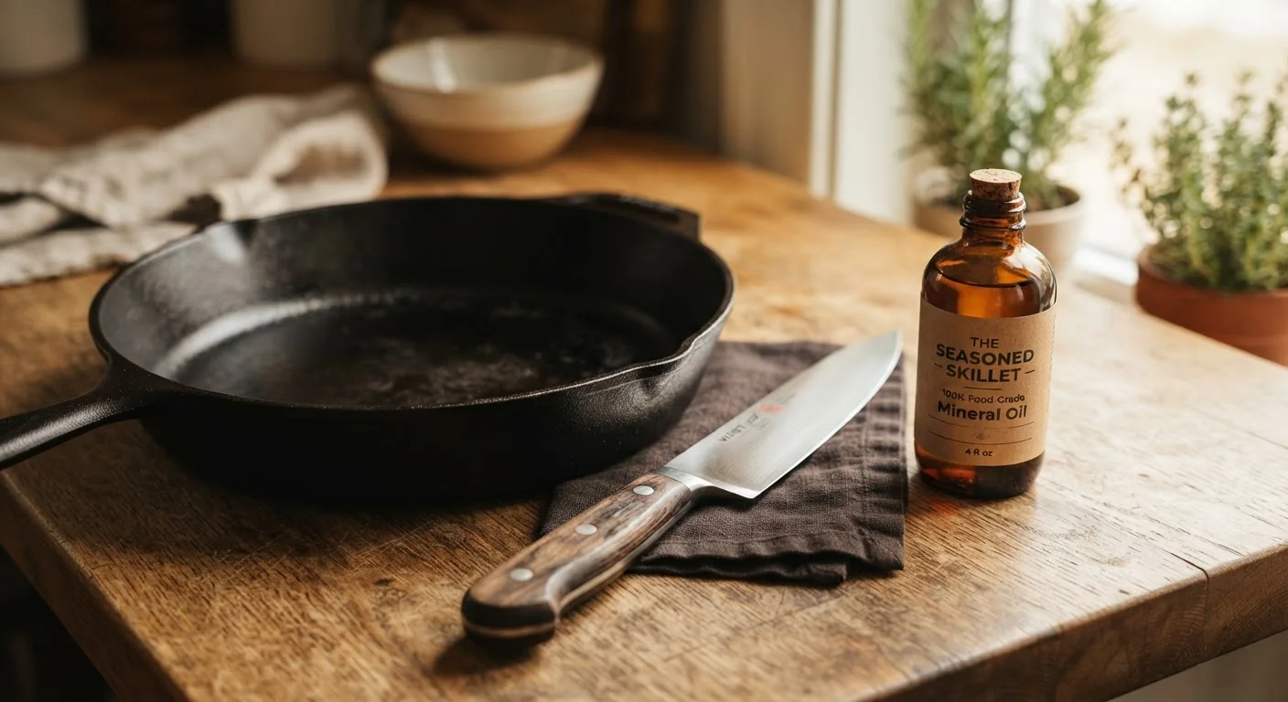 Cast iron skillet and chef's knife beside a bottle of mineral oil on a wooden kitchen counter