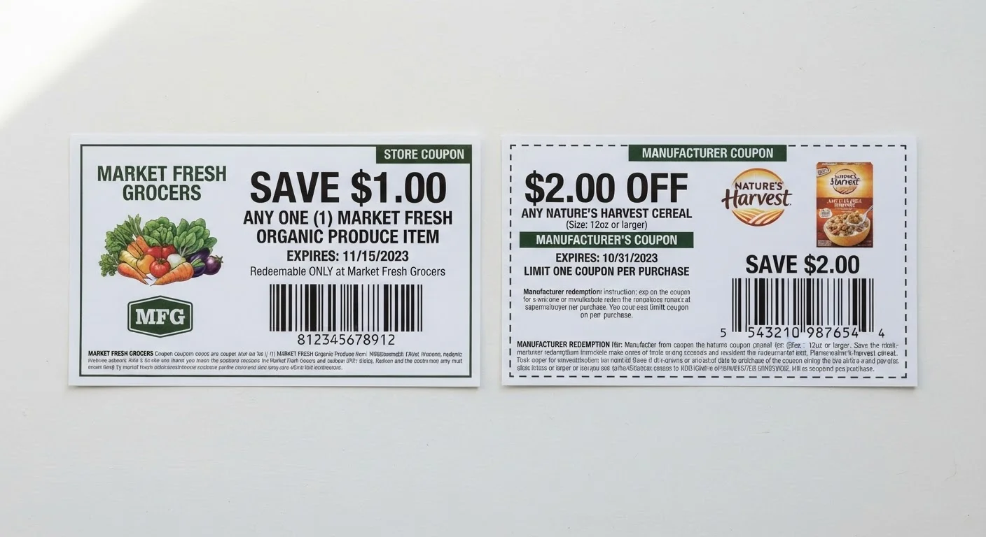 A store coupon and a manufacturer coupon placed side by side showing their differences