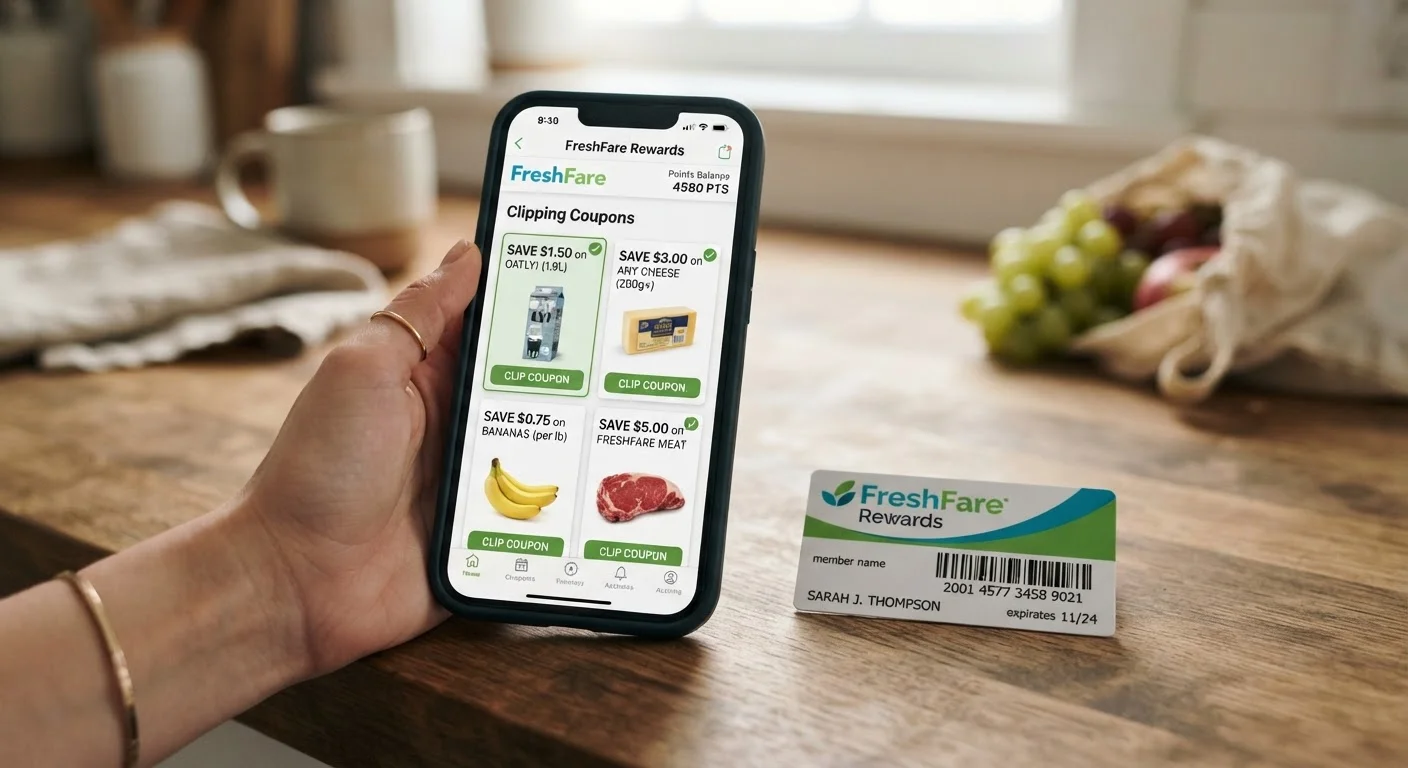Smartphone showing a store loyalty app with digital coupons ready to clip beside a physical loyalty card