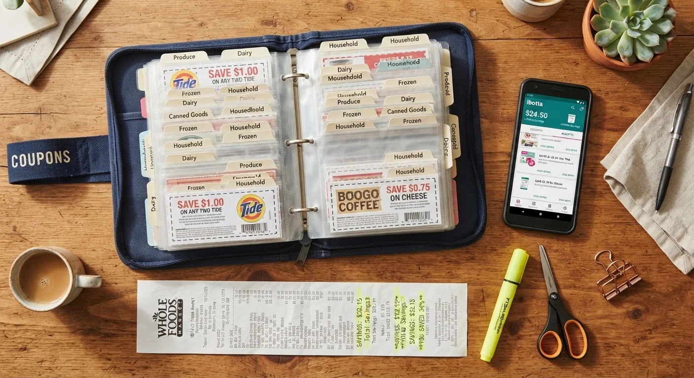 Organized coupon binder, printed coupons, cashback app, and grocery receipt showing significant savings