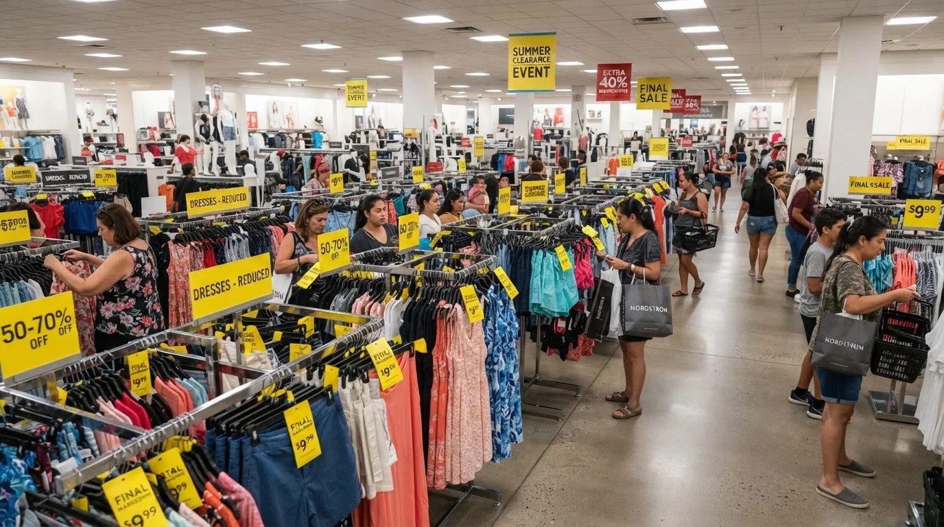 Shoppers browsing end-of-summer clearance racks with bold discount tags in a retail store