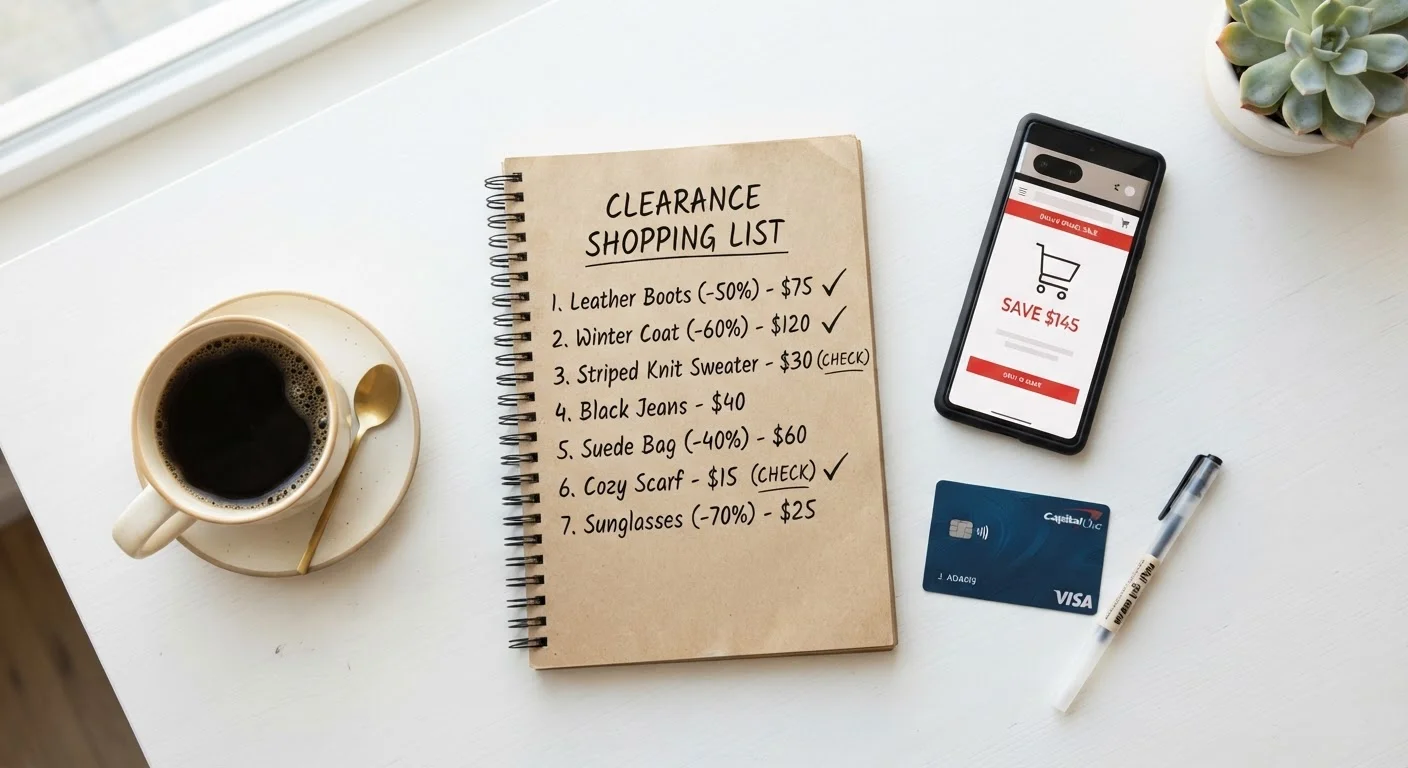 Shopping strategy planning flat lay with a handwritten list, smartphone, and credit card on a desk