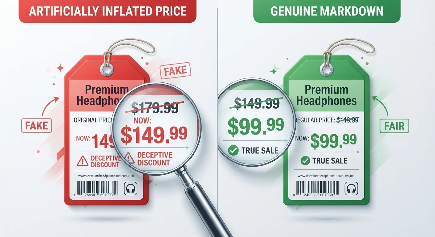 Split comparison of an inflated original price tag versus a genuine verified markdown price tag