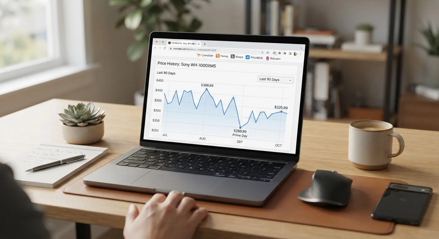 Laptop displaying a 90-day price history chart for an online product with visible price fluctuations