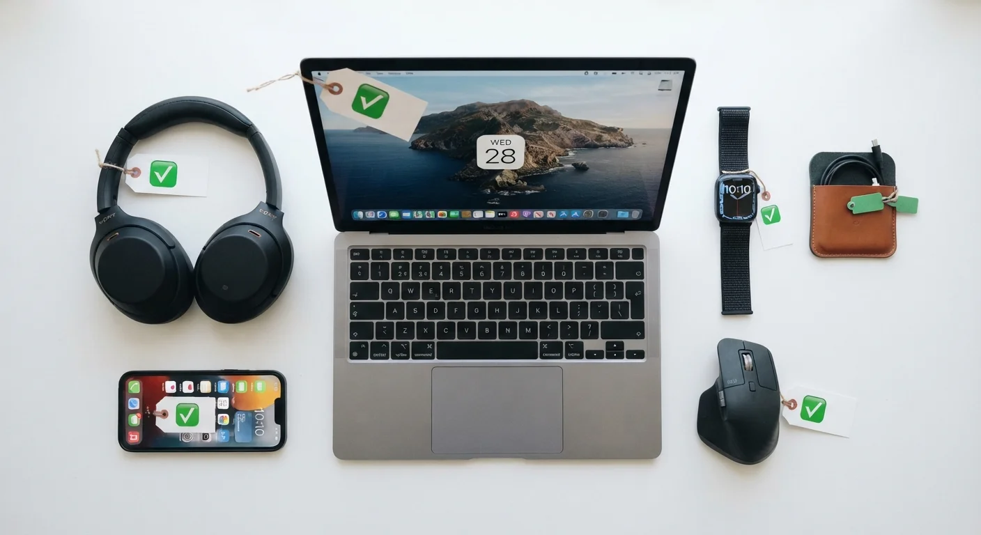 Consumer electronics including headphones, laptop, and smartwatch laid out with verified deal checkmarks