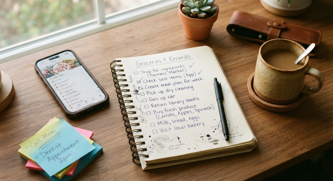 Handwritten shopping checklist notebook with smartphone and sticky notes on a desk for deal preparation