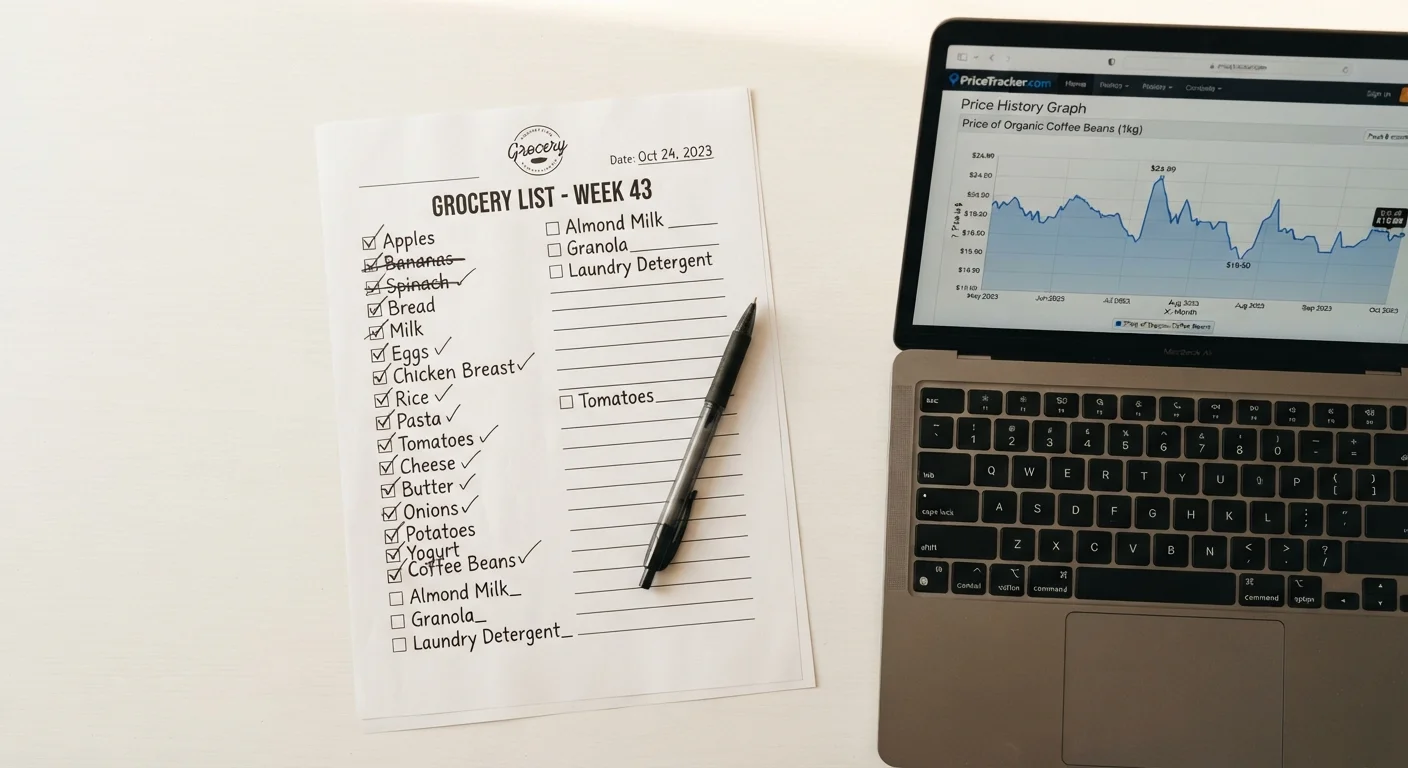 Printed Black Friday shopping checklist with pen alongside laptop showing price history chart