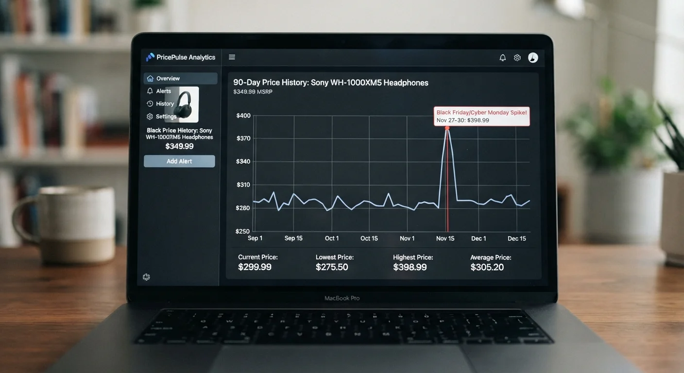 Laptop screen displaying a 90-day price history graph showing a pre-sale price spike in November