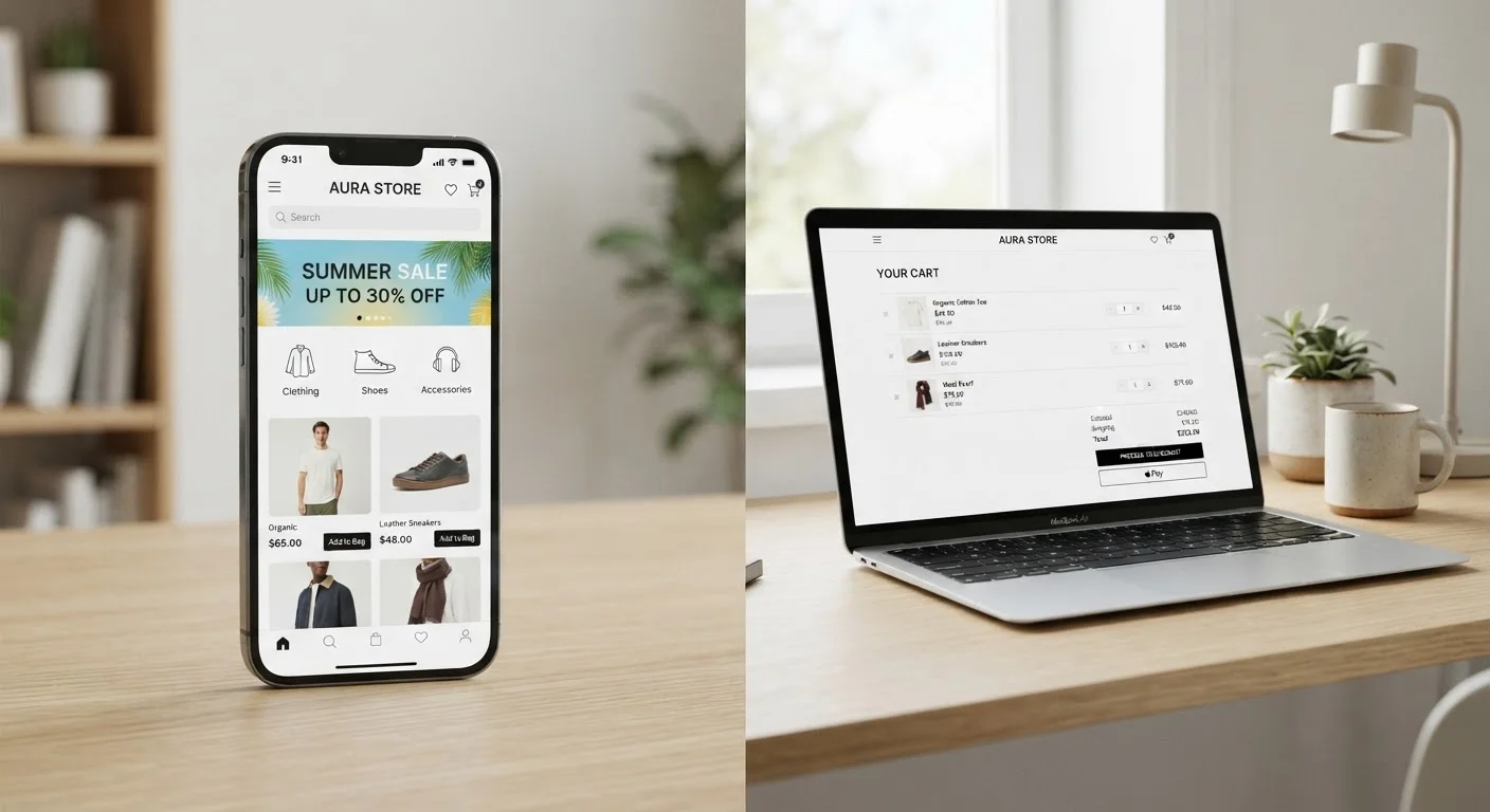Side-by-side view of a retail app on a phone and an online shopping cart on a laptop