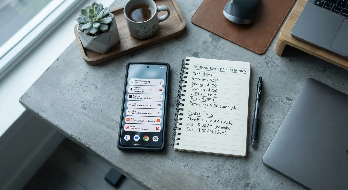 Smartphone with shopping notifications displayed next to a notepad with a written spending budget
