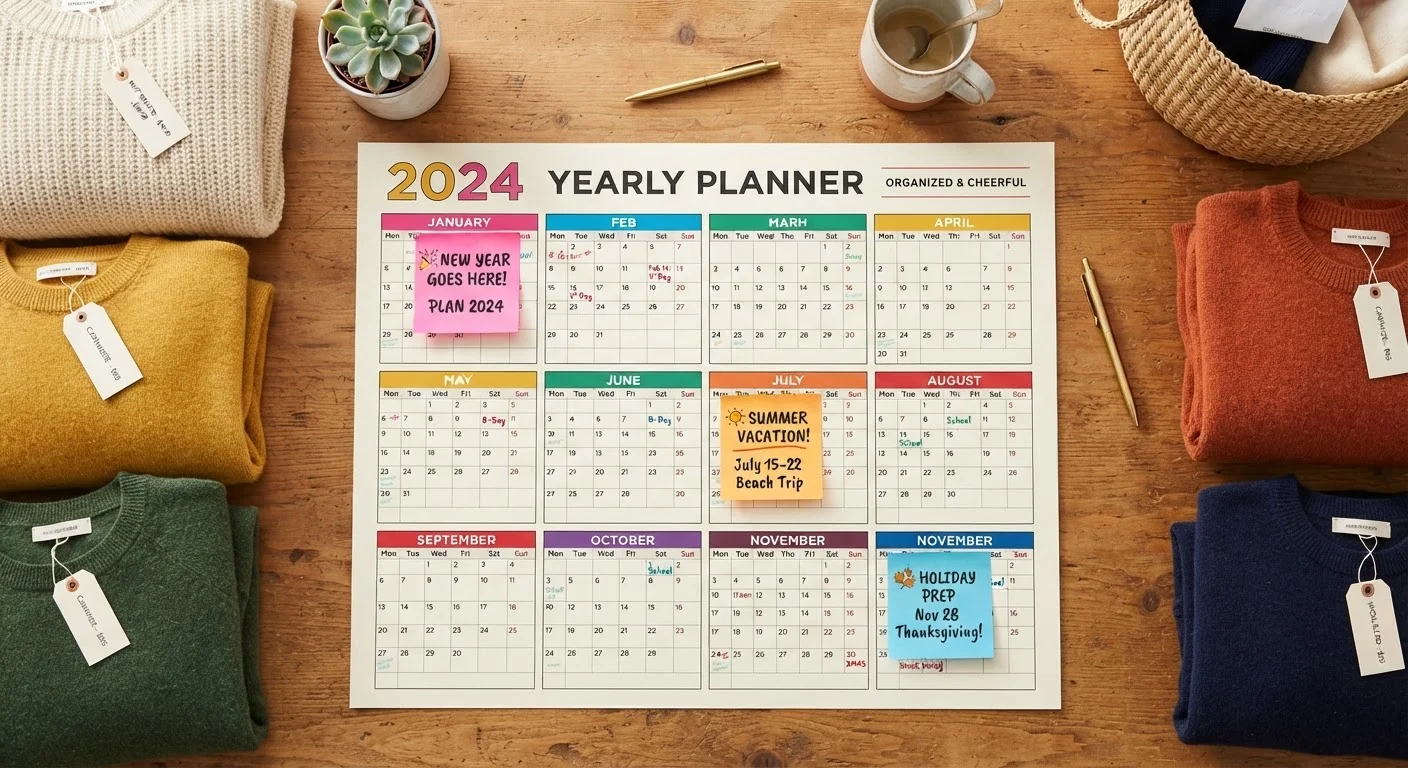 A twelve-month wall calendar with sale month labels surrounded by folded winter clothing items.