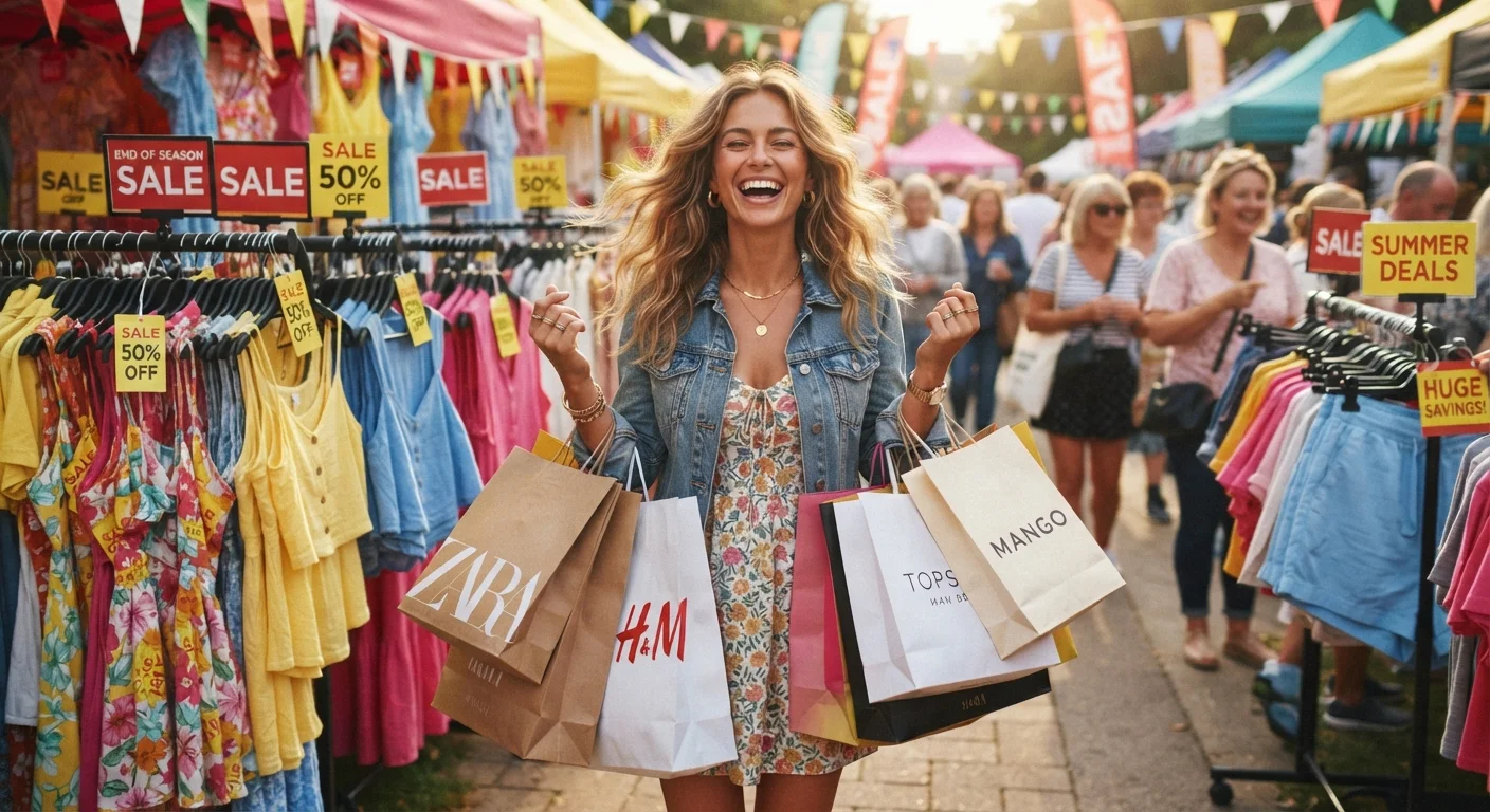 A shopper holding multiple bags surrounded by colorful summer clothing racks with sale price tags.